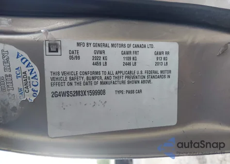 1999 Buick Century Custom z USA, uszkodzony, nr VIN 2G4WS52M3X1599908